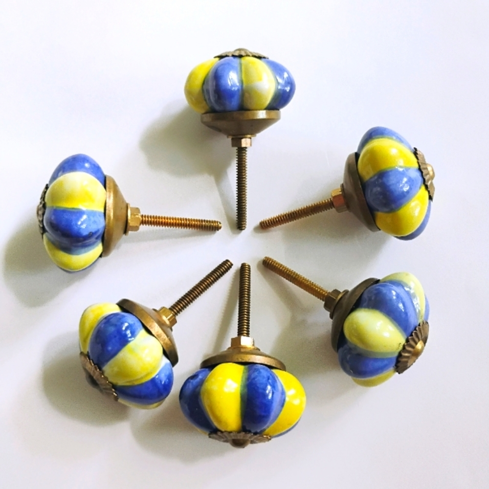 Hand-painted Blue/Chartreuse w/gold Accents Ceramic Drawer/Cabinet Pulls